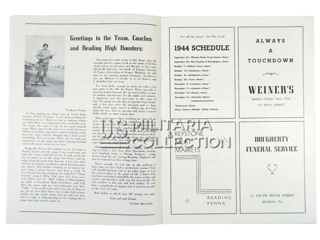 Programme patriotique Football Américain, "Souvenir Program", daté 1944