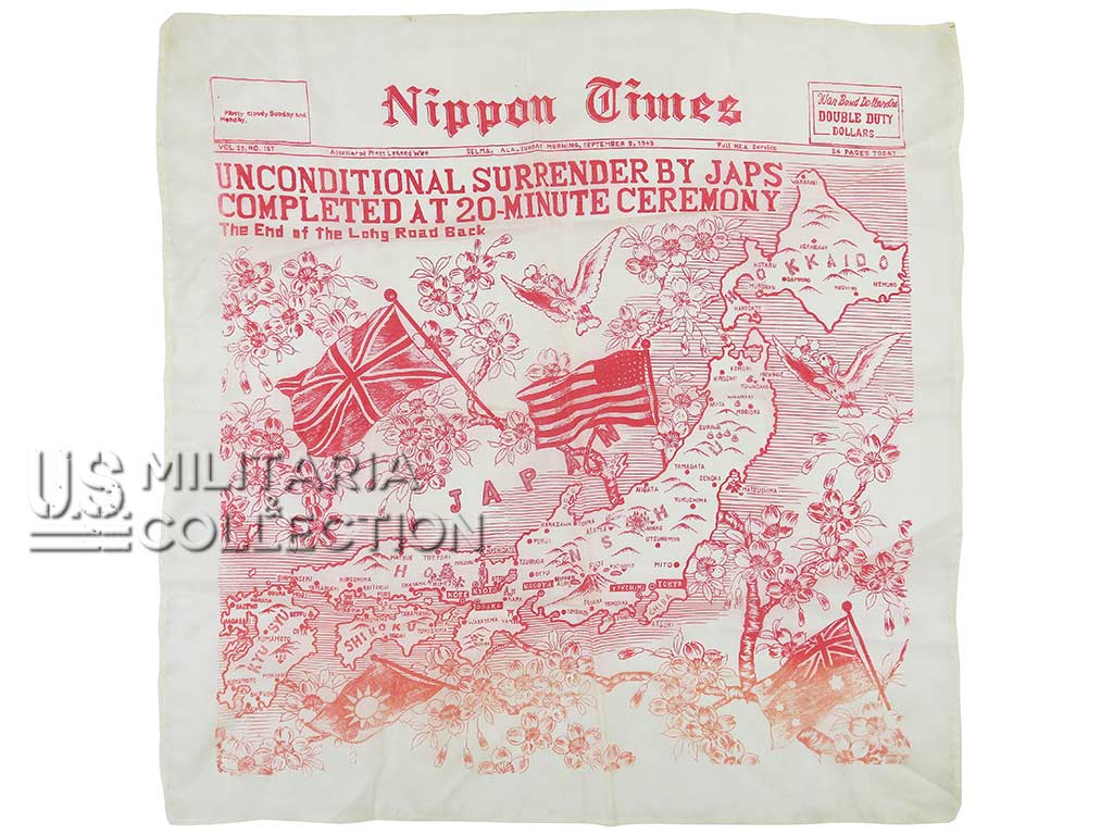 Mouchoir souvenir, Nippon Times, US WWII, Capitulation Japon 1945