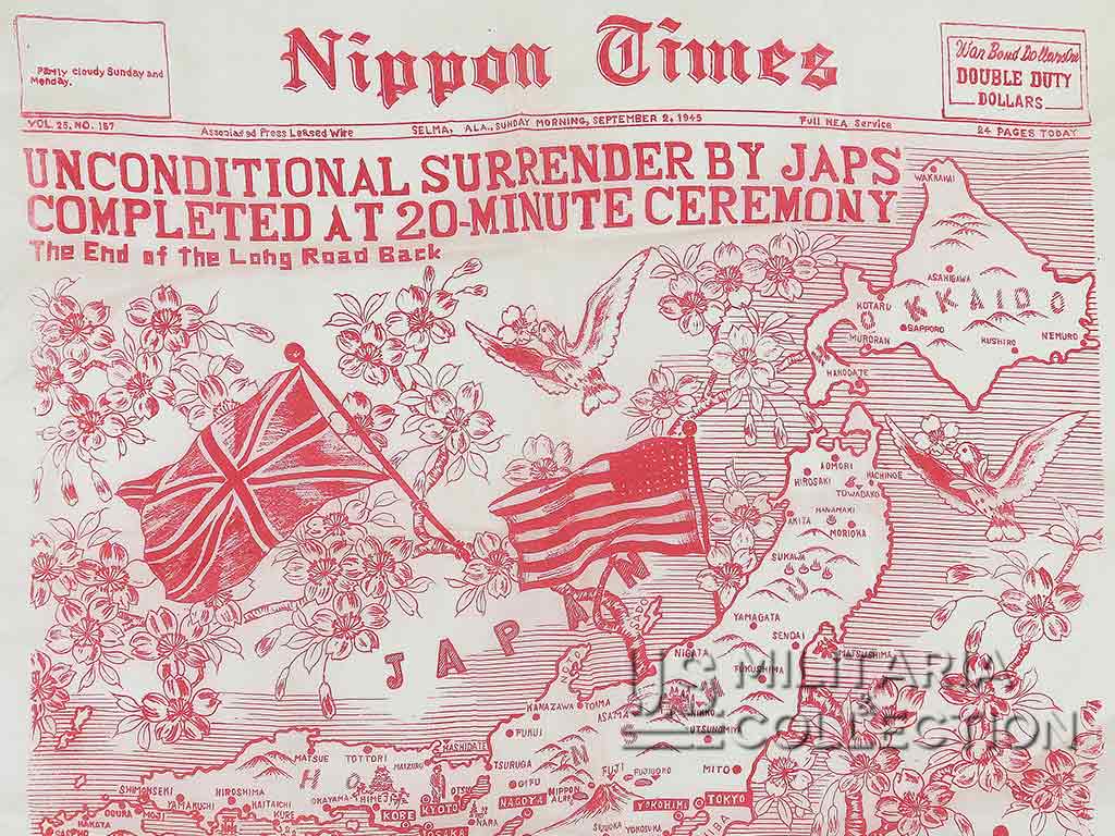 Mouchoir souvenir, Nippon Times, US WWII, Capitulation Japon 1945