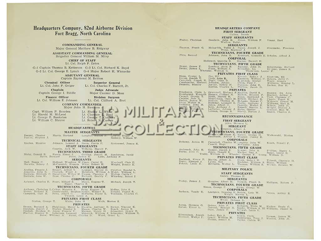 Roster du quartier général de la 82nd Airborne Division.