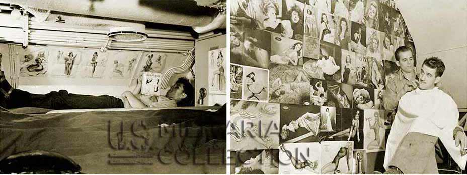 GI américains avec pin-up dans leur cantonnement WWII
